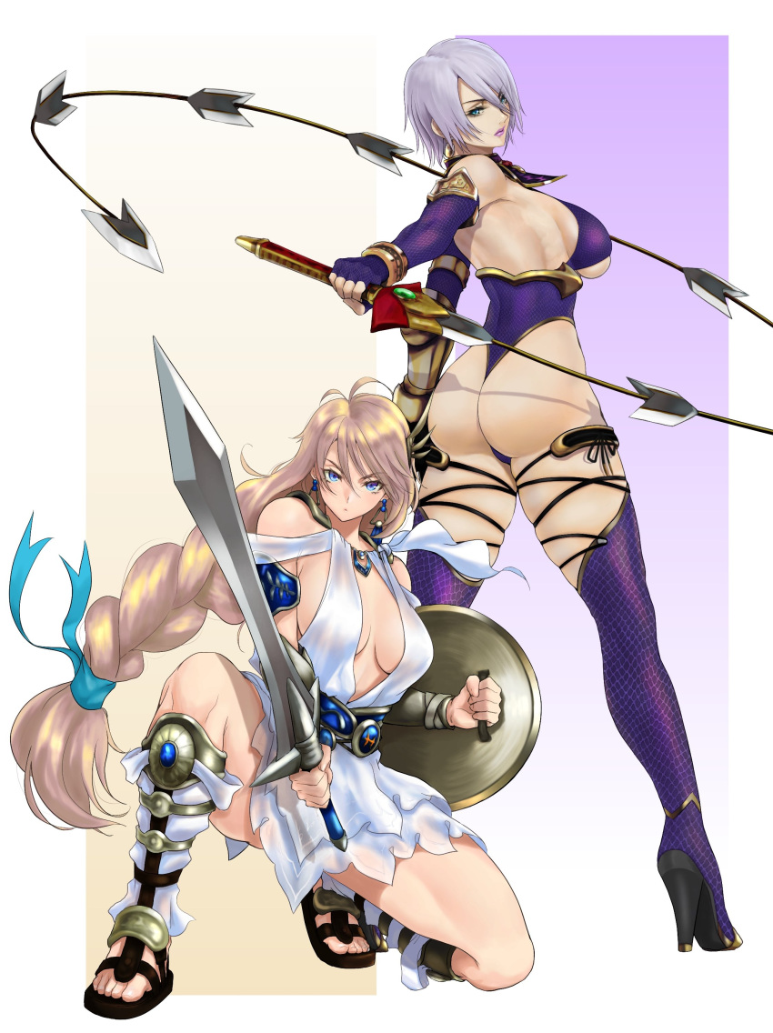 2girls absurdres anagumasan ass bangs blonde_hair blue_eyes boots braid breasts closed_mouth commentary dress earrings elbow_gloves eyebrows_visible_through_hair fingerless_gloves full_body gloves gradient high_heels highleg highleg_leotard highres holding holding_sword holding_weapon isabella_valentine jewelry kneeling large_breasts leotard lips long_hair looking_at_viewer looking_back low-tied_long_hair makeup multiple_girls purple_hair shield short_dress short_hair sideboob simple_background single_braid sophitia_alexandra soulcalibur soulcalibur_v sword thigh_boots thighhighs thighs tied_hair toeless_footwear weapon whip_sword white_dress