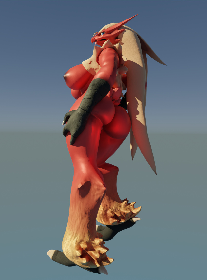 2021 3d_(artwork) anthro avian beak bird blaziken blender_(software) blonde_hair blue_eyes breasts butt catsockjus digital_media_(artwork) feathers female hair hi_res looking_at_viewer looking_back nintendo pok&eacute;mon pok&eacute;mon_(species) red_body simple_background solo standing thick_thighs tongue tongue_out video_games
