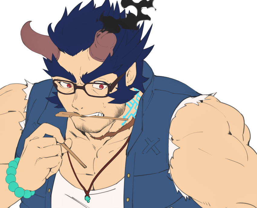 1boy bara bare_shoulders barefoot beard black-framed_eyewear broken_horn chopsticks dark_blue_hair demon_boy demon_horns facial_hair fiery_horns flat_color glasses highres horns jewelry kaiko_003f large_pectorals long_sideburns male_cleavage male_focus mature_male muscular muscular_male necklace red_eyes shirt short_hair sideburns sleeveless stubble takemaru_(tokyo_houkago_summoners) thick_eyebrows tokyo_houkago_summoners torn_clothes torn_shirt upper_body white_shirt