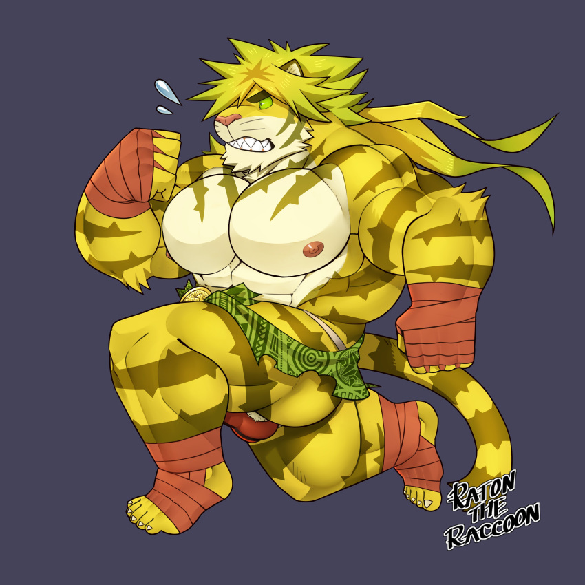 1boy abs absurdres animal_ears bandages bara black_eyes blonde_hair bulge bursting_pecs chibi colored_sclera furry green_sclera highres large_pectorals long_hair macan_(tokyo_houkago_summoners) male_focus muscular muscular_male nipples pectorals ratontheraccoon running solo stomach thick_eyebrows thighs tiger_boy tiger_ears tokyo_houkago_summoners