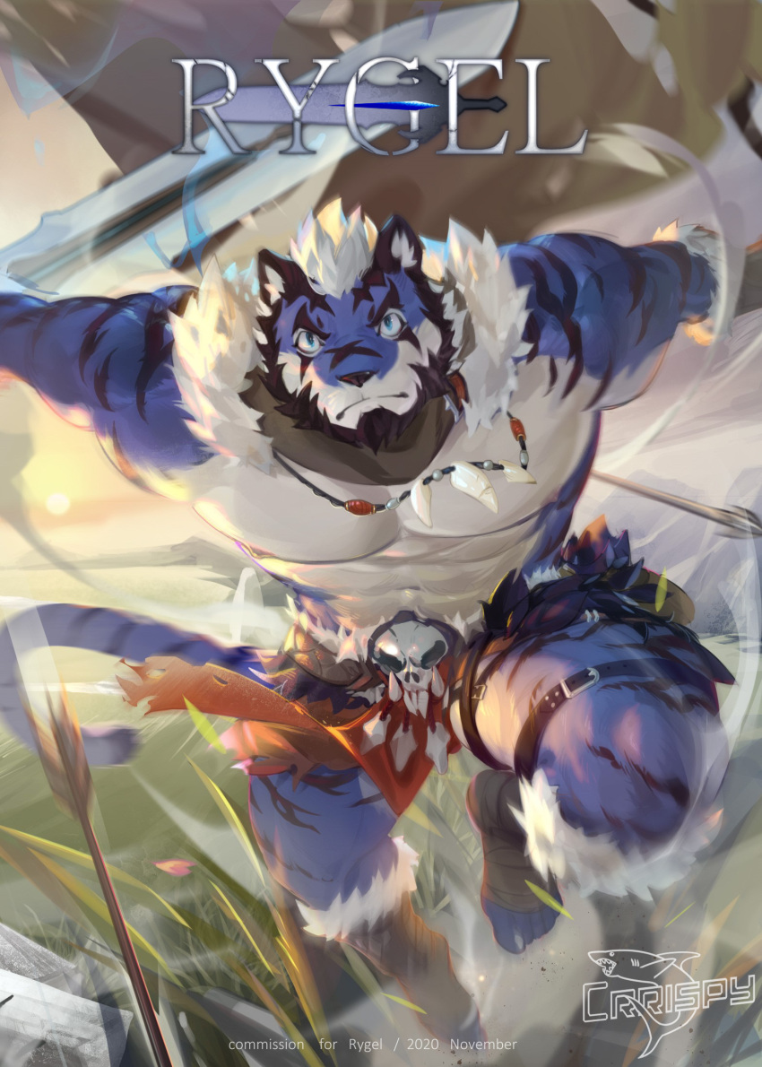 1boy abs animal_ears bara bare_pecs beard blue_fur borrowed_character character_name commission crrispy_shark facial_hair fighting_stance flower full_body furry harness highres holding holding_sword holding_weapon large_pectorals looking_at_viewer male_focus mature_male motion_blur muscular muscular_male nipples original pelvic_curtain petals plant short_hair sky solo stomach sword tail thick_thighs thighs tiger_boy tiger_ears tiger_tail tree two-tone_fur weapon white_fur white_hair wind