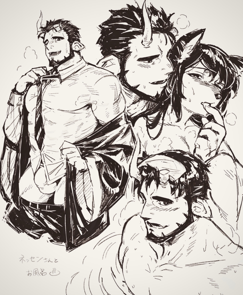 1boy 1girl animal_ears beard behind_another blush breath broken_horn bulge collage cropped_legs demon_boy demon_horns facial_hair female_protagonist_(live_a_hero) fox_ears fox_girl fundoshi hetero highres horns isuke japanese_clothes kimono large_pectorals live_a_hero mature_male monochrome muscular muscular_male necktie nessen_(live_a_hero) onsen open_clothes open_kimono pants pants_removed shirt short_hair thighs towel towel_on_head wet