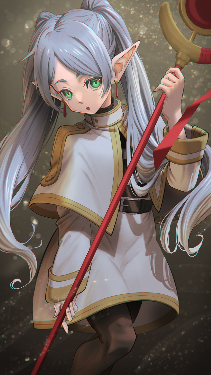 1girl belt brown_belt brown_legwear elf fingernails frieren green_eyes grey_hair highres hironii_(hirofactory) holding holding_staff looking_at_viewer open_mouth pointy_ears solo sousou_no_frieren staff turtleneck twintails wizard