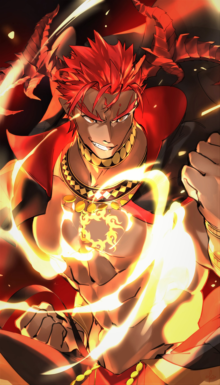 1boy abs absurdres bara bare_pecs chest_tattoo dark_skin dark_skinned_male demon_boy demon_horns fire highres horns ifrit_(tokyo_houkago_summoners) kaiko_003f large_pectorals male_focus muscular muscular_male navel nipples pointy_ears short_hair smirk solo spiked_hair stomach tattoo tokyo_houkago_summoners upper_body wind