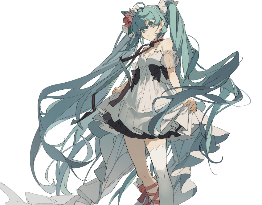 1girl absurdres ahoge aqua_eyes aqua_hair bare_shoulders black_bow blue_flower bow detached_sleeves dress dress_bow eyebrows_behind_hair feet_out_of_frame floating_hair flower frilled_dress frills hair_flower hair_ornament hairband hatsune_miku highres leg_ribbon long_hair neck_ribbon pink_flower pink_ribbon puffy_sleeves ribbon see-through_sleeves short_dress single_thighhigh skirt_hold sleeveless sleeveless_dress solo spaghetti_strap striped striped_ribbon thighhighs twintails very_long_hair vocaloid white_background white_dress white_hairband white_legwear zhibuji_loom