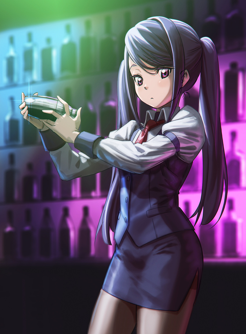 alcohol bartender blue_hair blurry blurry_background blush bottle brown_legwear closed_mouth eyebrows_visible_through_hair glint highres hironii_(hirofactory) jill_stingray long_hair necktie pantyhose puffy_sleeves purple_eyes red_neckwear twintails va-11_hall-a