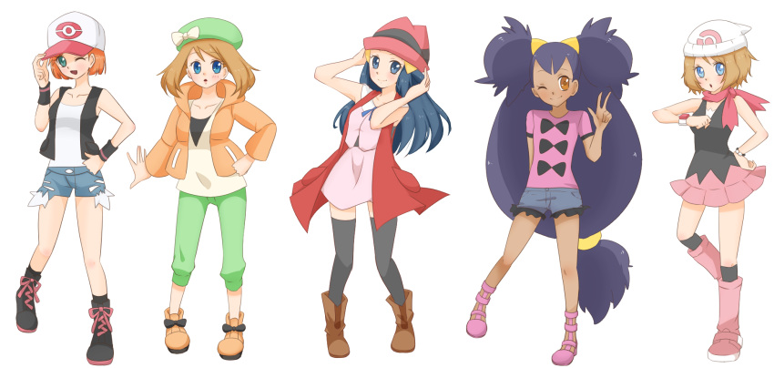 5girls :d ;d ;| aqua_eyes bag baseball_cap beanie bianca_(pokemon) bianca_(pokemon)_(cosplay) black_legwear black_vest black_wristband blonde_hair blue_eyes blue_hair blue_ribbon blue_shorts blush boots bow bow_print bracelet breasts brown_footwear brown_hair closed_mouth collarbone cosplay dark_skin dark_skinned_female dawn_(pokemon) dawn_(pokemon)_(cosplay) dress eyelashes frilled_shorts frills full_body green_headwear green_pants hair_ornament hairclip hand_on_hip hat hat_bow high_heels highres hilda_(pokemon) hilda_(pokemon)_(cosplay) holding holding_clothes holding_hat iris_(pokemon) jewelry long_hair long_sleeves looking_at_viewer looking_at_watch may_(pokemon) medium_hair miniskirt misty_(pokemon) multiple_girls neko19920311 one_eye_closed open_mouth orange_hair over-kneehighs pants pink_footwear pink_headwear pink_shirt pink_skirt pokemon pokemon_(anime) pokemon_(classic_anime) pokemon_(game) pokemon_bw pokemon_bw2 pokemon_bw_(anime) pokemon_dppt_(anime) pokemon_rse_(anime) pokemon_xy_(anime) purple_hair red_scarf ribbon scarf serena_(pokemon) serena_(pokemon)_(cosplay) shauna_(pokemon) shauna_(pokemon)_(cosplay) shirt shoes short_hair short_shorts shorts shoulder_bag sidelocks simple_background skirt sleeveless sleeveless_dress sleeveless_shirt smile standing thighhighs tied_hair translation_request twintails very_long_hair vest white_background white_bow white_headwear white_shirt yellow_eyes zettai_ryouiki