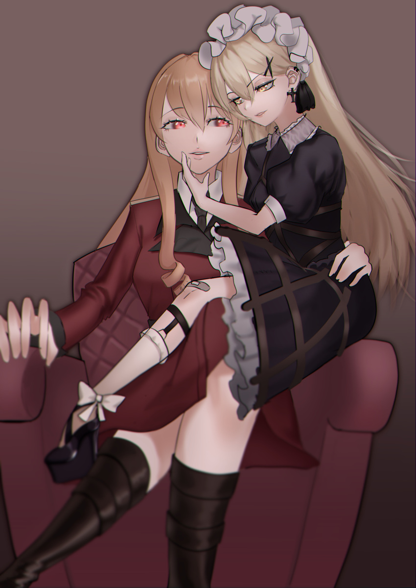 2girls absurdres blonde_hair breasts crossed_legs female_commander_(girls_frontline) girls_frontline highres light_brown_hair long_hair medium_breasts multiple_girls ppk_(girls_frontline) red_eyes saturndxy sitting sitting_on_lap sitting_on_person very_long_hair yellow_eyes