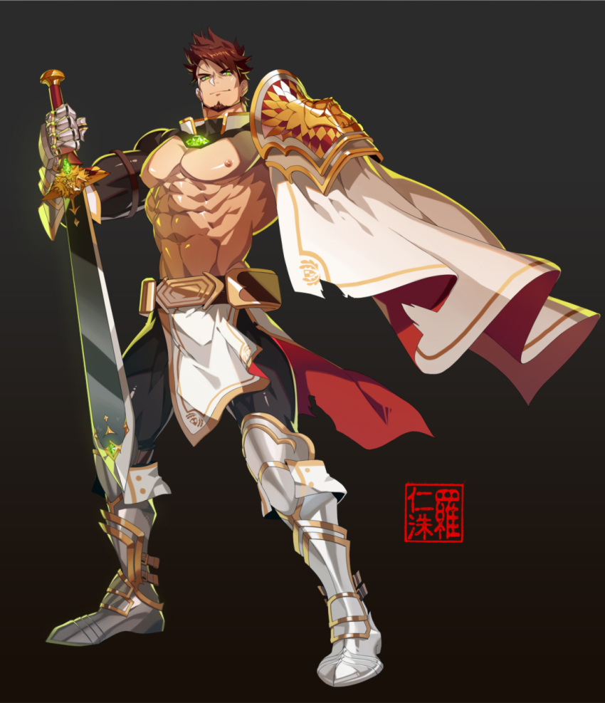 1boy abs asymmetrical_sleeves bara bare_pecs black_legwear brown_hair capelet character_request copyright_request facial_hair full_body gauntlets goatee green_eyes highres holding holding_sword holding_weapon large_pectorals leggings male_focus mature_male muscular muscular_male na_insoo navel nipples pelvic_curtain short_hair shrug_(clothing) sideburns smile solo stomach sword thighs weapon white_capelet