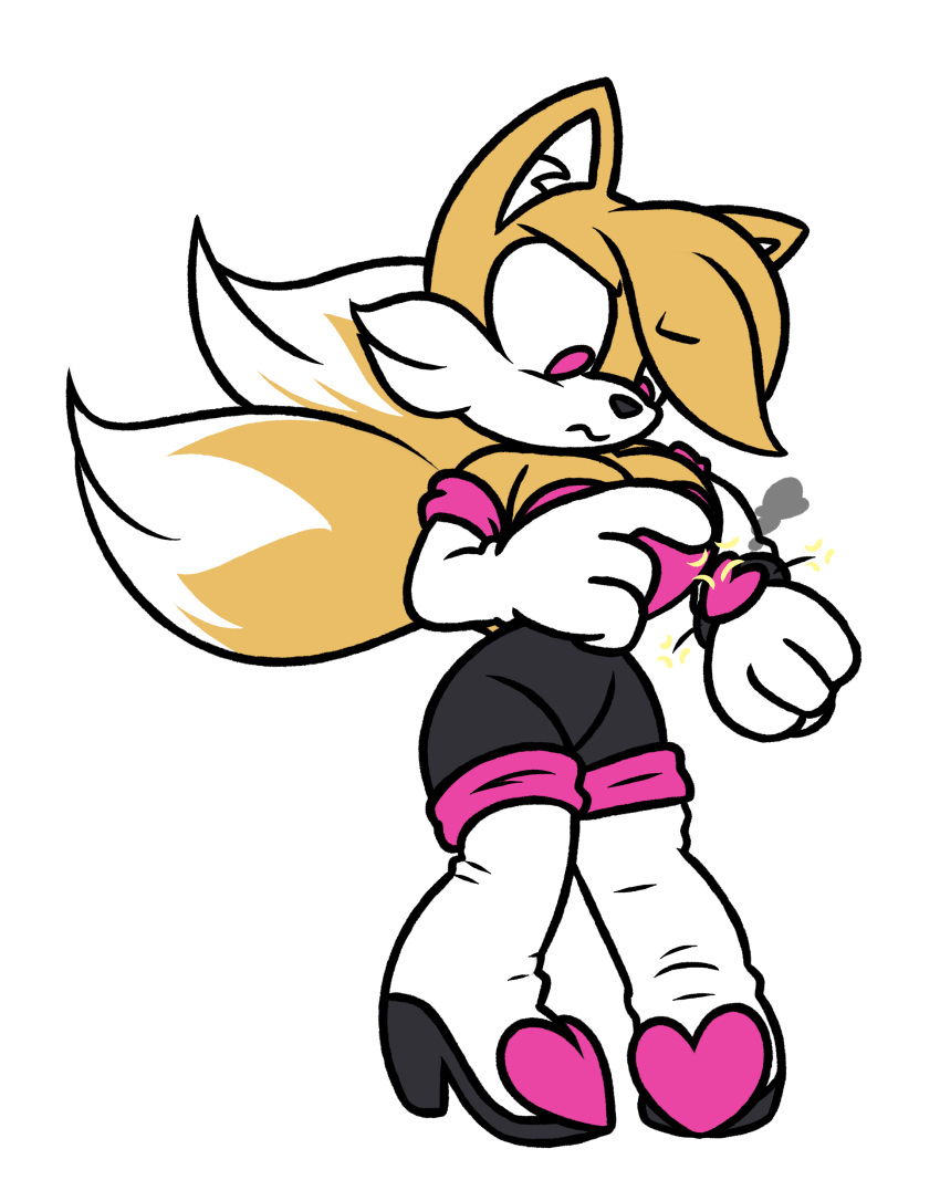 absurd_res alpha_channel alternate_costume anthro armwear boots breasts canid canine clothing crossgender elbow_gloves female footwear fox frostedwarlock fur furrowed_brow gloves handwear hi_res high_heeled_boots mammal miles_prower mtf_crossgender multi_tail pink_eyes simple_background smoke solo sonic_the_hedgehog_(series) sparks transparent_background yellow_body yellow_fur
