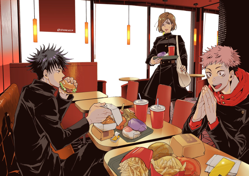 1girl 2boys :d adusa bangs black_eyes black_hair black_jacket black_pants black_skirt brown_hair cellphone chair cowboy_shot cup drinking_straw eating facial_mark food french_fries fushiguro_megumi gakuran hamburger highres holding holding_food holding_tray hood hood_down hoodie indoors itadori_yuuji jacket jujutsu_kaisen kugisaki_nobara long_sleeves multiple_boys open_mouth own_hands_together pants phone pink_hair profile red_hoodie school_uniform sitting skirt smile spiked_hair standing sweatdrop swept_bangs table tray twitter_username undercut