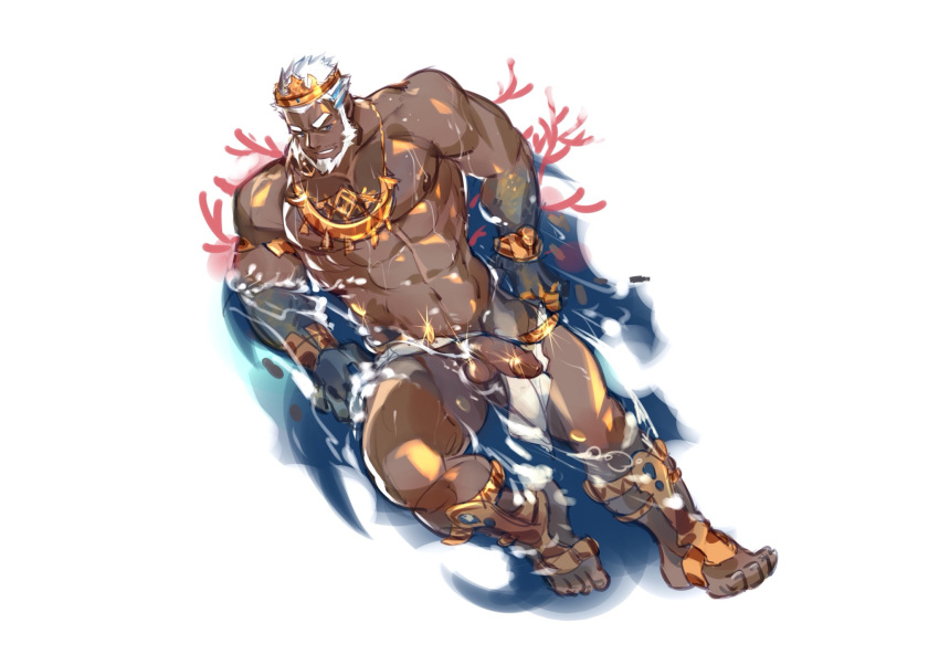 1boy abs aegir_(tokyo_houkago_summoners) anchor_earrings aqua_hair bara bare_pecs barefoot beard blue_eyes crown crrispy_shark dark_skin dark_skinned_male earrings facial_hair fins from_above full_body highres jewelry large_pectorals lying male_focus mature_male multicolored_hair muscular muscular_male navel navel_hair nipples nude on_back penis short_hair single_earring smile solo stomach streaked_hair thick_thighs thighs tokyo_houkago_summoners uncensored wet white_hair