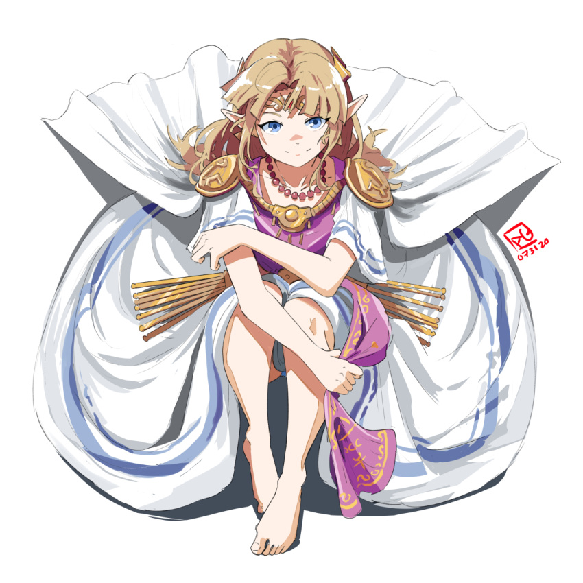1girl armor automatic_giraffe barefoot blue_eyes brown_hair cape circlet dress forehead_jewel from_above full_body jewelry long_dress long_hair looking_at_viewer necklace pauldrons pearl_necklace pelvic_curtain_aside pointy_ears princess_zelda shoulder_armor smile solo the_legend_of_zelda the_legend_of_zelda:_a_link_between_worlds toes white_background white_cape