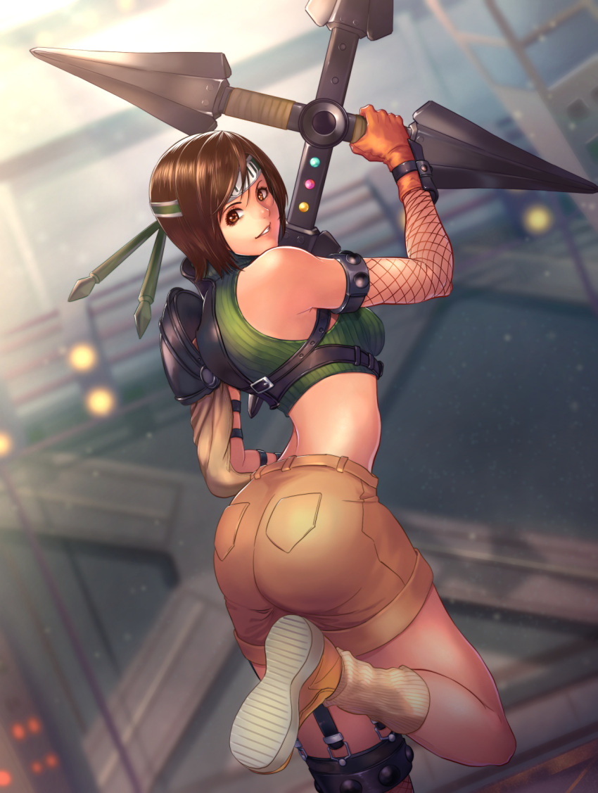 1girl armor ass back bare_shoulders blurry blurry_background bob_cut breasts brown_eyes brown_hair brown_shorts commentary cropped_sweater dutch_angle final_fantasy final_fantasy_vii fishnets from_behind gloves headband highres holding holding_weapon huge_weapon leg_up looking_at_viewer looking_back midriff ribbed_sweater running seed01010 shoes short_hair shorts shuriken sleeveless sleeveless_turtleneck small_breasts smile solo sweater turtleneck turtleneck_sweater twisted_torso weapon yellow_footwear yuffie_kisaragi