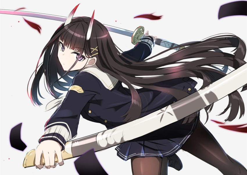 1girl azur_lane black_hair black_legwear blue_cardigan blue_skirt cardigan expressionless floating_hair gochou_(atemonai_heya) hair_ornament hairclip holding holding_sheath holding_sword holding_weapon horns katana long_hair noshiro_(azur_lane) oni_horns pantyhose pleated_skirt purple_eyes school_uniform serafuku sheath skirt solo sword unsheathed very_long_hair weapon x_hair_ornament