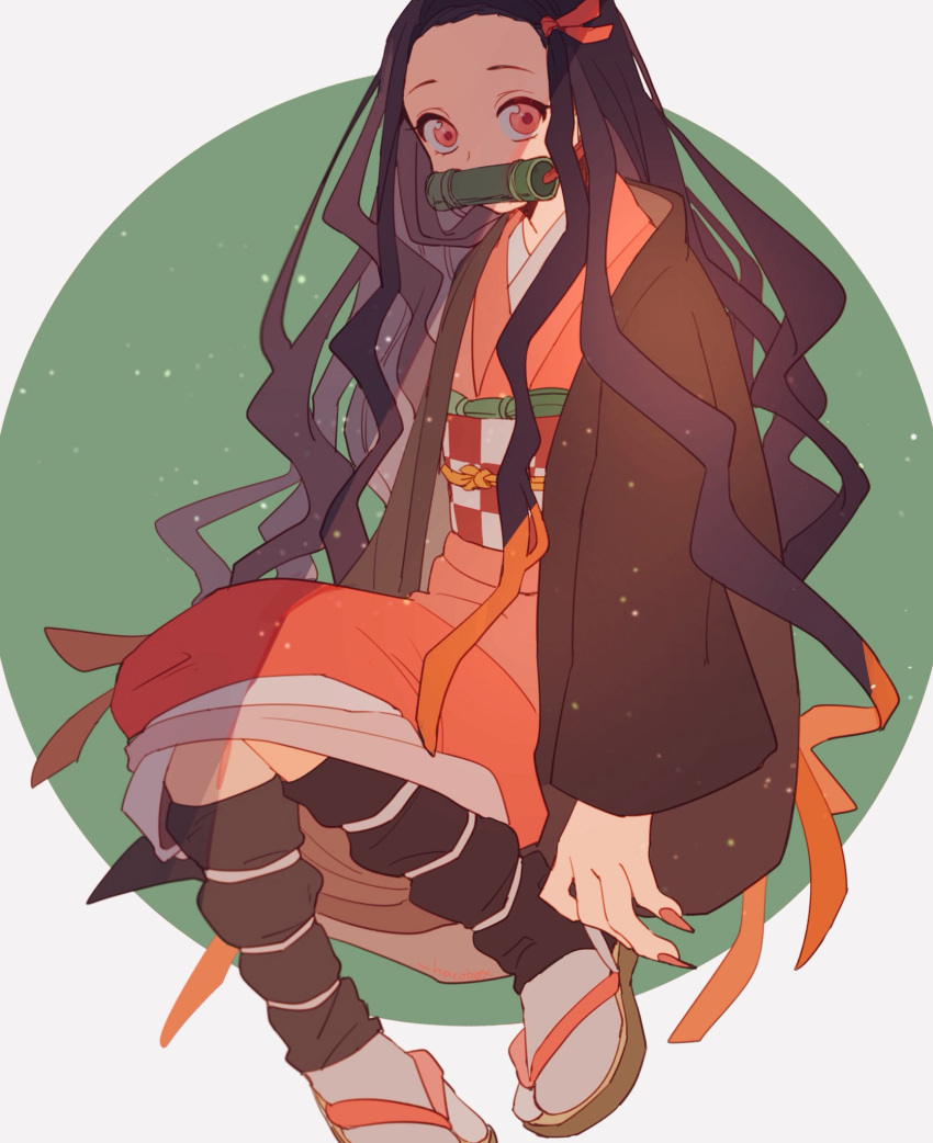 1girl bamboo bit_gag black_hair black_haori forehead gag gradient_hair green_background hacobox hair_ribbon hands haori highres japanese_clothes kamado_nezuko kimetsu_no_yaiba kimono long_hair long_sleeves looking_at_viewer mouth_hold multicolored_hair obi obiage obijime pink_eyes pink_kimono pink_ribbon red_hair ribbon sash shadow simple_background solo two-tone_background two-tone_hair upper_body white_background