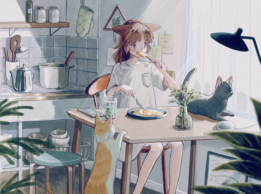 1girl animal_ears blue_eyes breast_pocket brown_hair cat cat_ears cellphone chair commentary_request desk_lamp eating egg eokaku_surimi fork highres holding holding_fork holding_knife indoors kettle kitchen knife ladle lamp long_hair morning open_mouth original oven_mitts phone plate pocket ponytail pot salt shirt short_sleeves sitting smartphone solo stool table vase white_shirt