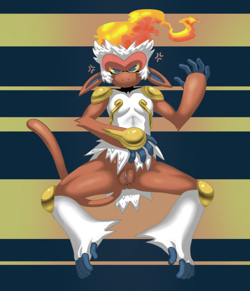 annoyed anthro aroused blue_eyes bodily_fluids female fire frown genital_fluids genitals hi_res infernape looking_at_viewer lying mammal nintendo on_back pok&eacute;mon pok&eacute;mon_(species) primate pussy pussy_juice solo tush video_games