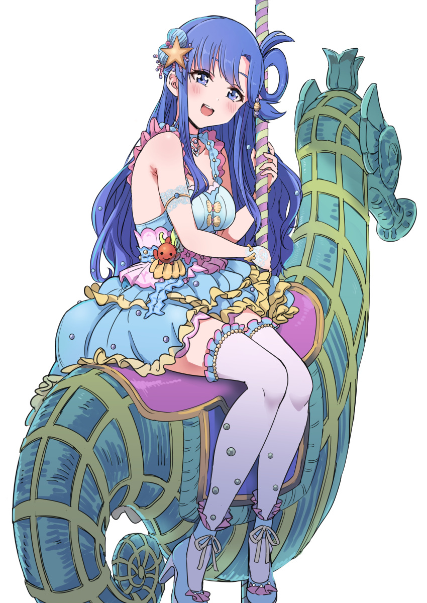 1girl :d absurdres asari_nanami bangs bare_shoulders blue_dress blue_eyes blue_footwear blue_hair breasts carousel commentary dress eyebrows_behind_hair frilled_dress frills hair_rings hand_up high_heels highres idolmaster idolmaster_cinderella_girls idolmaster_cinderella_girls_starlight_stage long_hair looking_at_viewer medium_breasts open_mouth parted_bangs pizzasi seahorse shell_hair_ornament shoes simple_background sitting sleeveless sleeveless_dress smile solo starfish_hair_ornament thighhighs very_long_hair white_background white_legwear