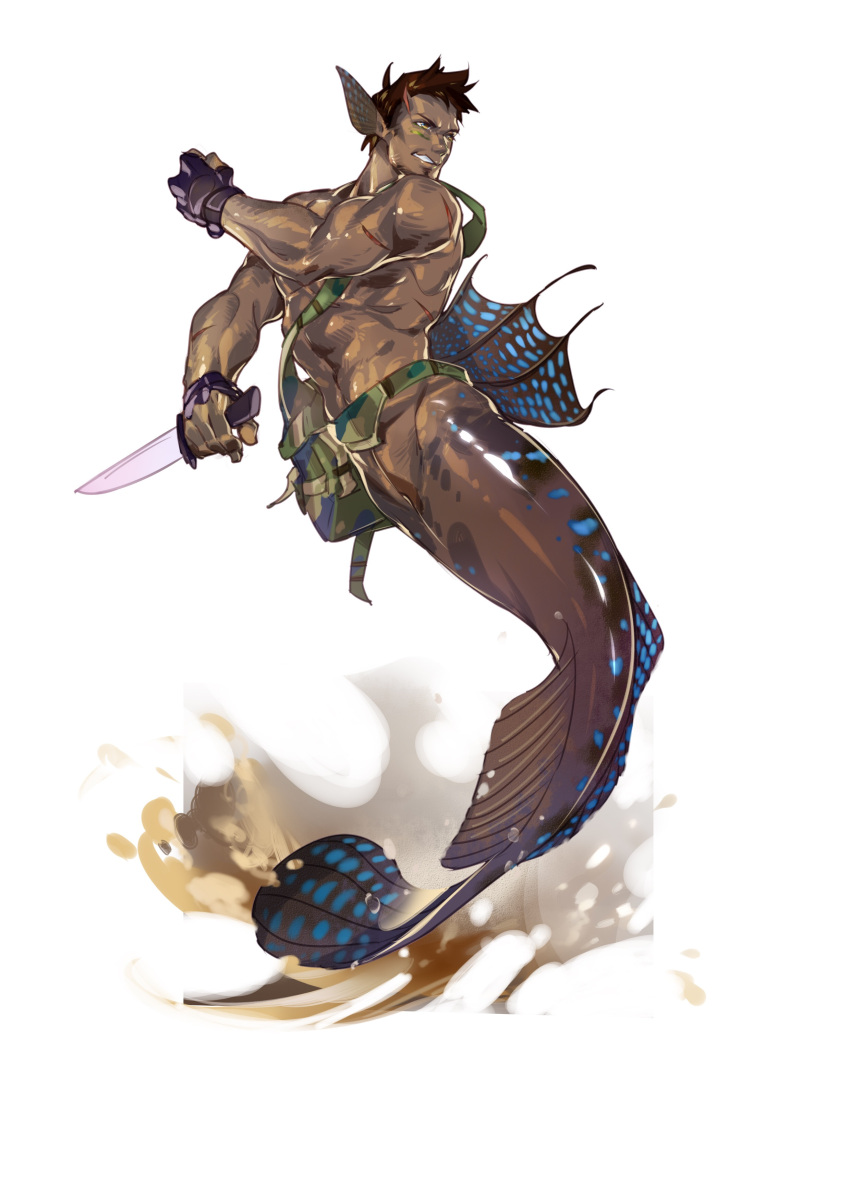 1boy abs absurdres bara completely_nude crrispy_shark dagger dark_skin dark_skinned_male fingerless_gloves fins fish_boy full_body gloves highres holding holding_dagger holding_weapon looking_to_the_side male_focus merman monster_boy muscular muscular_male navel nude original pointy_ears short_hair solo stomach weapon