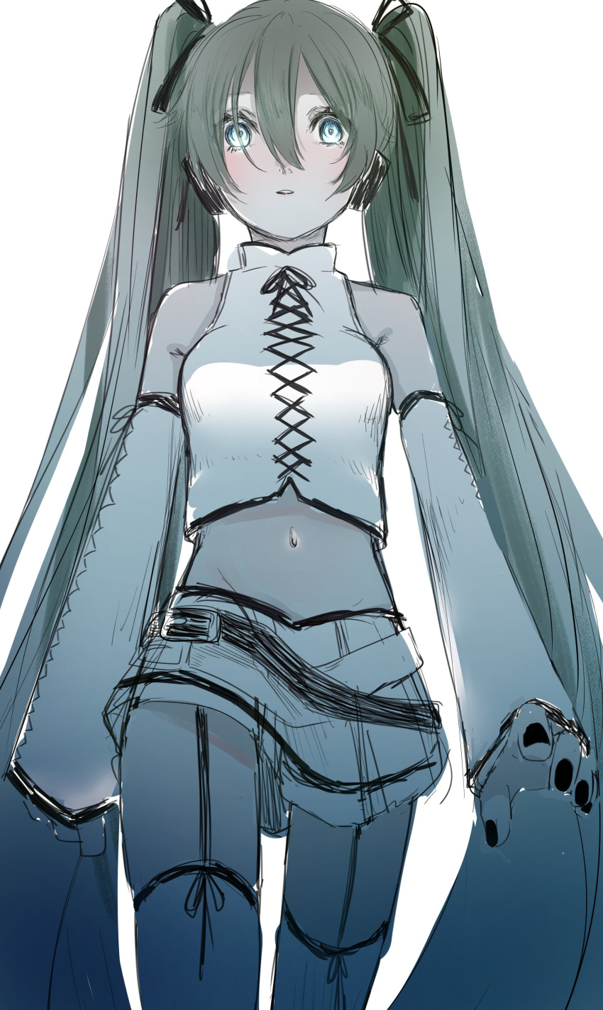 1girl absurdres aile_d'ange_(module) aqua_eyes bare_shoulders belt black_nails commentary crop_top detached_sleeves from_below green_hair hair_ornament hatsune_miku highres kokutogeroama lace-up_sleeves lace-up_top long_hair looking_at_viewer midriff miniskirt nail_polish navel parted_lips project_diva_(series) shirt skirt sleeveless sleeveless_shirt solo thighhighs twintails very_long_hair vocaloid walking white_legwear white_shirt white_skirt white_sleeves