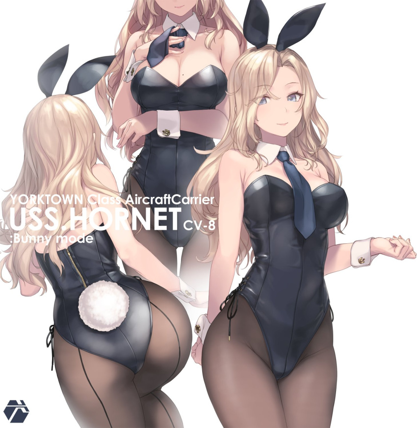 1girl animal_ears black_legwear black_leotard black_neckwear blonde_hair breasts bunny_ears bunny_tail closed_mouth cowboy_shot detached_collar ears_visible_through_hair eyebrows_visible_through_hair eyes_visible_through_hair fake_animal_ears fake_tail grey_eyes highres hornet_(kancolle) kantai_collection large_breasts leotard long_hair mole mole_on_breast multiple_views necktie pantyhose playboy_bunny rokuwata_tomoe simple_background smile tail white_background wrist_cuffs zipper zipper_pull_tab