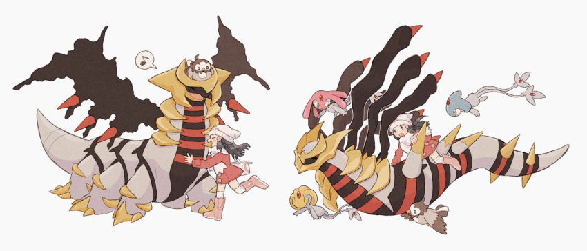 1girl azelf bag beanie black_hair boots closed_eyes coat dawn_(pokemon) duffel_bag floating_hair gen_4_pokemon giratina giratina_(altered) giratina_(origin) hat highres legendary_pokemon long_hair long_sleeves mesprit musical_note nap_(eevlll) open_mouth over-kneehighs pink_footwear pokemon pokemon_(creature) pokemon_(game) pokemon_dppt pokemon_platinum riding_pokemon scarf simple_background spoken_musical_note starly symbol_commentary thighhighs uxie white_background white_bag white_headwear white_legwear white_scarf