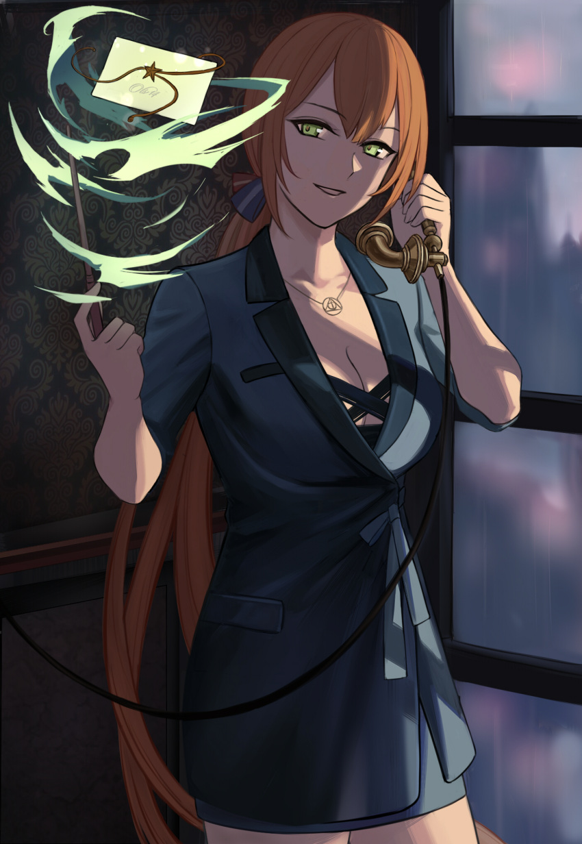 1girl blazer blue_jacket blue_suit breasts cleavage collarbone eyebrows_visible_through_hair formal girls_frontline green_eyes hair_ribbon highres holding holding_phone holding_wand jacket jewelry letter long_hair looking_at_viewer m1903_springfield_(girls_frontline) necklace orange_hair phone ponytail ribbon silayloe simple_background smile solo standing suit wand witch