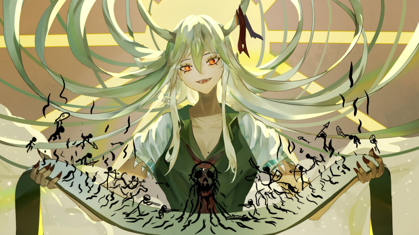 1girl dress ex-keine green_dress green_hair highres holding horn_ornament horn_ribbon horns kamishirasawa_keine looking_at_viewer naufaldreamer open_mouth red_eyes ribbon scroll sharp_teeth short_sleeves skull smile solo solo_focus teeth touhou