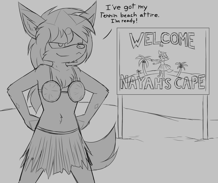 anthro beach bloodline_(webcomic) canid canine canis clothed clothing coconut_bra confident echo_(bloodline) english_text grass_skirt hair hi_res hula_dancer long_hair male mammal monochrome outside partially_clothed seaside sketch solo text w0lfmare wolf
