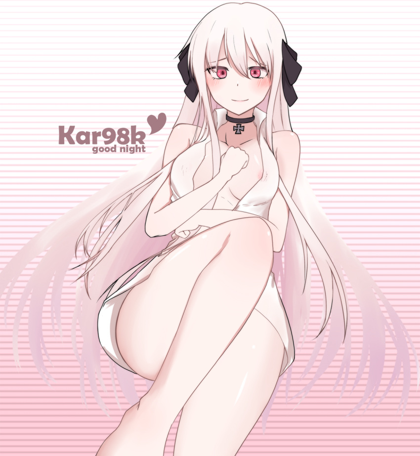 1girl bare_legs black_choker black_ribbon blush breasts character_name choker clip_studio_paint_(medium) closed_mouth covered_nipples cross cross_necklace crossed_arms eyebrows_visible_through_hair girls_frontline hair_ribbon hand_on_own_chest heart heart_print highres jewelry kar98k_(girls_frontline) knee_up long_hair looking_at_viewer medium_breasts merong necklace open_clothes open_shirt purple_eyes ribbon shirt silver_hair simple_background sitting solo thighs white_shirt