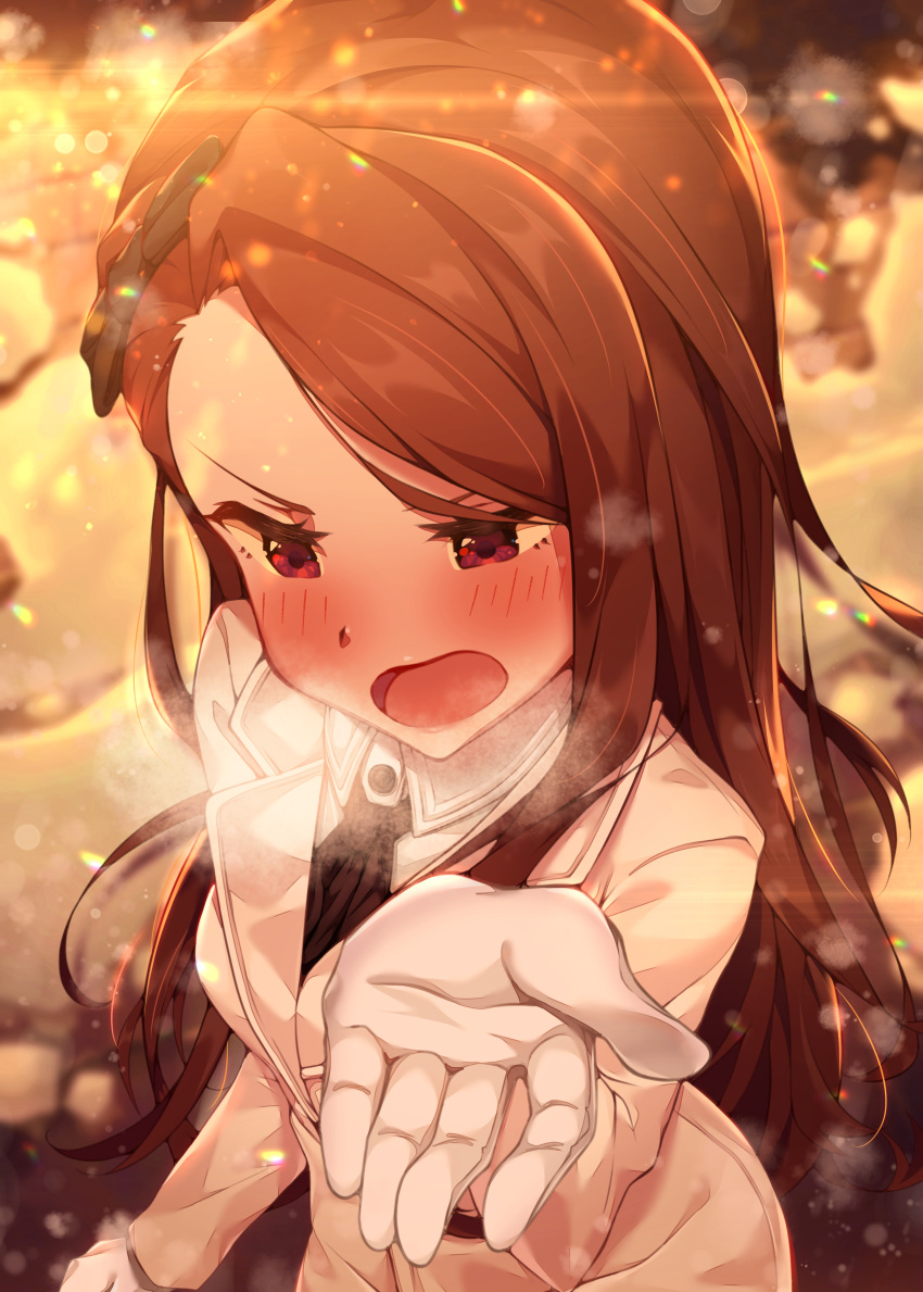 1girl :o absurdres asymmetrical_bangs bangs beige_coat blurry blush bokeh bow breath brown_hair coat depth_of_field foreshortening gloves hair_bow highres idolmaster idolmaster_(classic) idolmaster_million_live! kyou_(kyo_u) long_hair looking_away looking_down minase_iori neckerchief outdoors reaching_out solo steam very_long_hair white_gloves