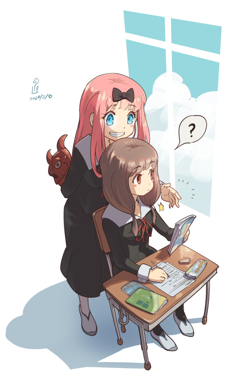 2girls ? absurdres bangs black_bow black_dress blue_eyes blue_sky blunt_bangs blush_stickers bow brown_eyes brown_hair chair chinese_commentary classroom cloud cloudy_sky collared_dress commentary_request dated day desk dress eyebrows_visible_through_hair from_above fujiwara_chika full_body grin hair_bow hair_over_shoulder highres holding holding_mask holding_pencil iino_miko kaguya-sama_wa_kokurasetai_~tensai-tachi_no_renai_zunousen~ long_hair looking_out_window low-tied_long_hair low_twintails mask mixed-language_commentary multiple_girls neck_ribbon notebook pencil pink_hair pran red_ribbon ribbon school_desk school_uniform shadow shoes shuuchiin_academy_uniform signature simple_background sitting sky smile speech_bubble spoken_question_mark tanziya_(codlxcold) twintails uwabaki white_background window