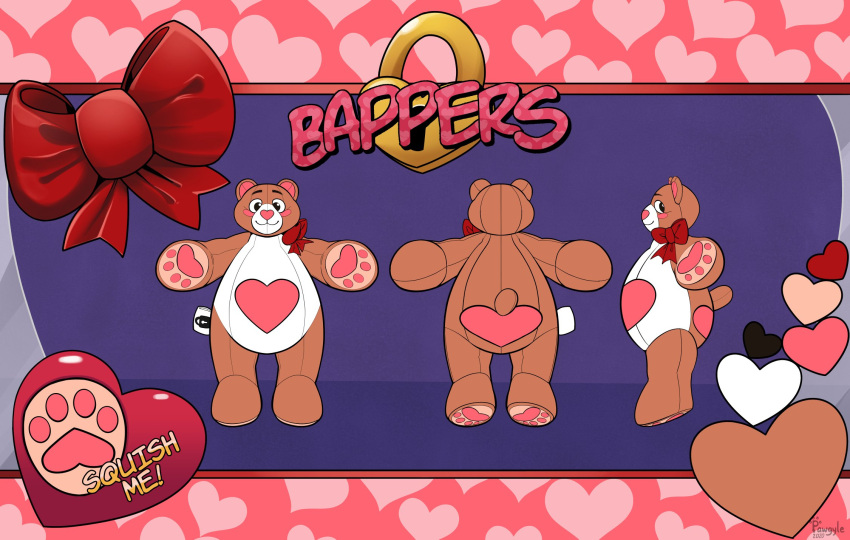 &lt;3 ambiguous_gender animate_inanimate anthro bappers_(pinereese) belly big_belly butt_heart digital_drawing_(artwork) digital_media_(artwork) english_text heart_on_belly hi_res living_plushie lock model_sheet multiple_poses overweight pawgyle pawpads paws plushie pose ribbons solo standing teddy_bear text