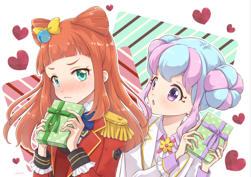 2girls :o aikatsu!_(series) aikatsu_stars! bangs bell blazer blue_bow blue_hair blue_neckwear blunt_bangs blush bow bowtie box chisaca closed_mouth collared_shirt commentary_request crown_(symbol) embarrassed epaulettes eyebrows_visible_through_hair eyelashes gift gift_box gold_trim hair_bell hair_bow hair_cones hair_ornament hanazono_kirara heart heart_background highres holding holding_gift jacket jingle_bell long_hair long_sleeves looking_at_viewer multicolored_hair multiple_girls neck_ribbon nose_blush open_mouth orange_hair pink_hair pink_ribbon purple_shirt red_jacket ribbon s4_uniform saotome_ako school_uniform shirt sidelocks sideways_glance star_(symbol) streaked_hair striped striped_background upper_body valentine venus_ark_uniform wavy_mouth white_jacket yellow_bow