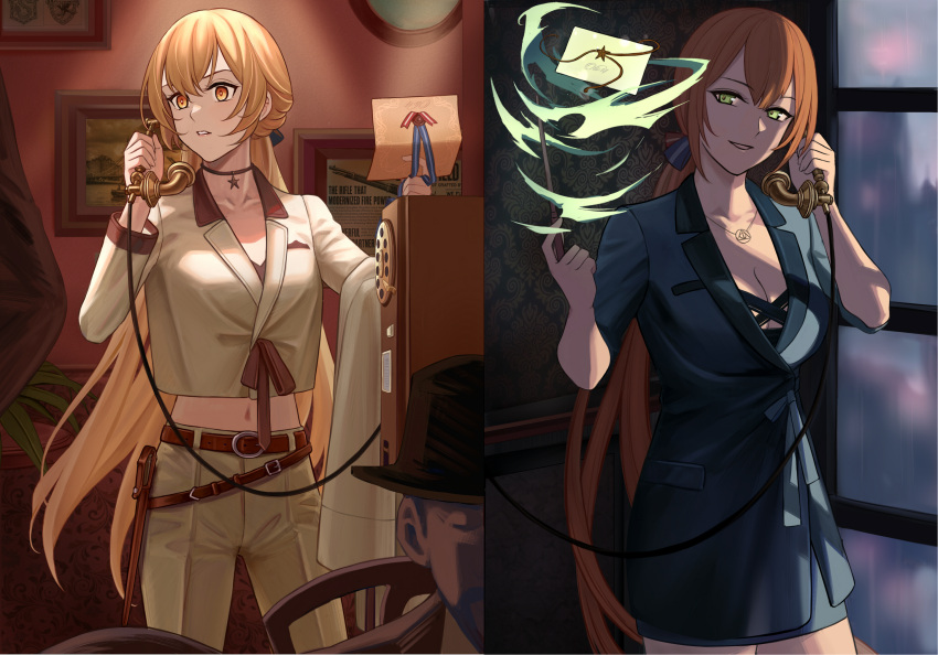 2girls belt blonde_hair blue_suit breasts brown_belt brown_jacket brown_pants brown_suit collarbone commentary commentary_request eyebrows_visible_through_hair formal girls_frontline green_eyes gun hair_ornament hair_ribbon highres holding holding_clothes holding_jacket holding_letter holding_phone holding_wand holster jacket jewelry letter long_hair looking_at_viewer looking_away m1903_springfield_(girls_frontline) multiple_girls navel necklace orange_hair ots-14_(girls_frontline) pants phone ponytail ribbon rifle silayloe simple_background standing star_(symbol) star_necklace suit wand weapon witch yellow_eyes