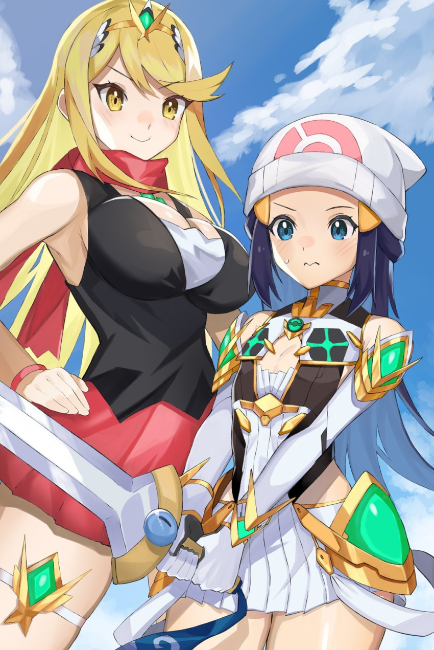 2girls armor armored_dress bangs beanie black_shirt blonde_hair blue_eyes blue_hair blue_sky breast_envy breasts cloud commentary_request cosplay costume_switch crossover dawn_(pokemon) dawn_(pokemon)_(cosplay) day dress flat_chest gen_6_pokemon hat highres holding holding_sword holding_weapon honedge katwo large_breasts long_hair multiple_girls mythra_(xenoblade) mythra_(xenoblade)_(cosplay) namesake outdoors pokemon pokemon_(game) pokemon_dppt red_scarf red_skirt scarf shirt short_dress short_hair skirt sky sleeveless sleeveless_shirt smile sweatdrop swept_bangs sword tiara weapon white_dress white_headwear xenoblade_chronicles_(series) xenoblade_chronicles_2 yellow_eyes