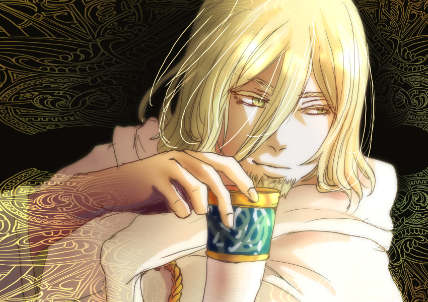 1boy beard blonde_hair drinking_horn eyebrows eyelashes facial_hair highres holding looking_at_viewer male_focus pale_skin solo_focus thorfinn viking vinland_saga yellow_eyes