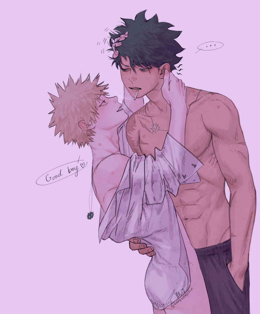... 2boys abs absurdres artist_name bakugou_katsuki bangs blonde_hair boku_no_hero_academia cigarette commentary_request ear_pull english_text freckles from_side grey_background hand_in_another's_hair hand_in_pocket heart height_difference highres jewelry looking_at_another male_focus midoriya_izuku mouth_hold multiple_boys naked_shirt navel necklace pants scar shirt shirtless short_hair simple_background speech_bubble spoken_ellipsis spoken_heart standing wengwengchim yaoi