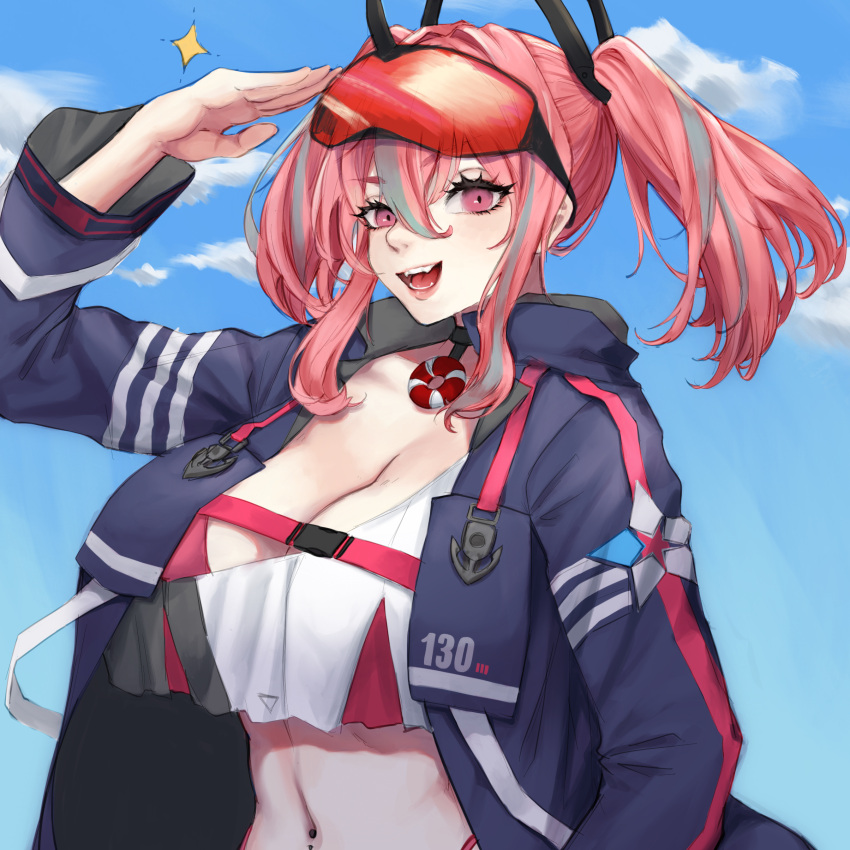 1girl absurdres azur_lane blue_jacket blue_sky bra bra_peek breasts bremerton_(azur_lane) cleavage cloud crop_top crop_top_overhang fangs goggles goggles_on_head grey_hair hair_between_eyes highres jacket konpeito_416 large_breasts long_hair looking_at_viewer multicolored_hair navel_piercing open_clothes open_jacket piercing pink_bra pink_eyes pink_hair red_goggles salute sky solo stomach streaked_hair two-tone_hair underwear