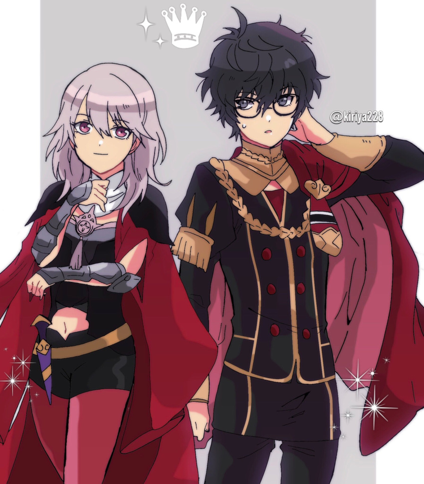 1girl alternate_color amamiya_ren armor bangs black_hair byleth_(fire_emblem) byleth_(fire_emblem)_(female) cape cosplay edelgard_von_hresvelg edelgard_von_hresvelg_(cosplay) fire_emblem fire_emblem:_three_houses garreg_mach_monastery_uniform glasses gloves highres kiriya_(552260) long_hair looking_at_viewer pantyhose persona persona_5 purple_eyes red_cape short_hair simple_background super_smash_bros. white_hair yellow_cape