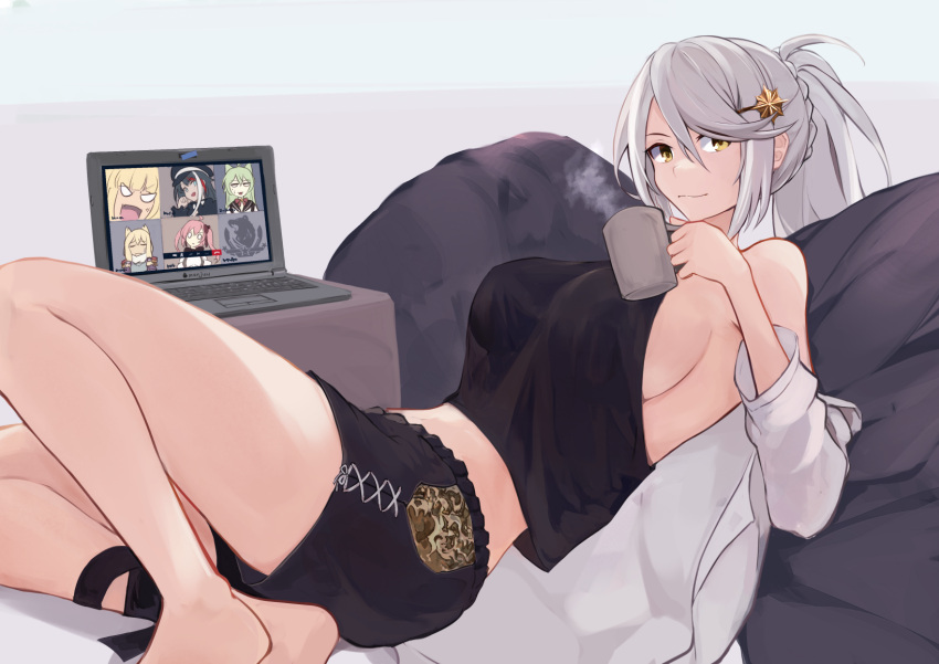 1girl ahoge akashi_(azur_lane) anger_vein animal_ears azur_lane bangs bare_legs bare_shoulders barefoot black_hair black_shorts black_tank_top blank_eyes blonde_hair blue_eyes braid breasts cat_ears closed_mouth coffee_cup computer cup deutschland_(azur_lane) disposable_cup eyebrows_visible_through_hair fang green_hair grey_hair hair_between_eyes hair_ornament hat highres holding holding_cup kirov_(azur_lane) kirov_(blend_r)_(azur_lane) laptop large_breasts long_hair looking_at_viewer lying marshall_k midriff mole mole_under_eye multicolored_hair northern_parliament_(emblem) o_o official_alternate_costume open_clothes open_shirt peaked_cap pink_hair queen_elizabeth_(azur_lane) saratoga_(azur_lane) seiyuu_connection shirt shorts sideboob silver_hair simple_background skin_fang smile solo star_(symbol) star_hair_ornament steam streaked_hair sweatdrop tank_top twintails uesaka_sumire video_call warspite_(azur_lane) white_shirt yellow_eyes