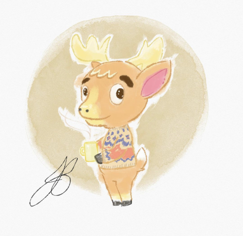 animal_crossing anthro beverage cervid clothing coffee erik_(animal_crossing) jaibonheur male mammal nintendo smile solo video_games