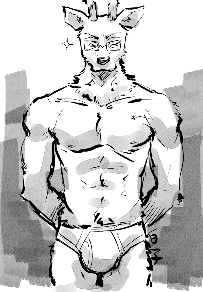 anthro antlers beastars briefs bulge cervid clothed clothing detailed_background eyewear glasses hands_behind_back hi_res horn male mammal monochrome muscular muscular_anthro muscular_male nipples oguma_(beastars) shirako signature solo star topless underwear