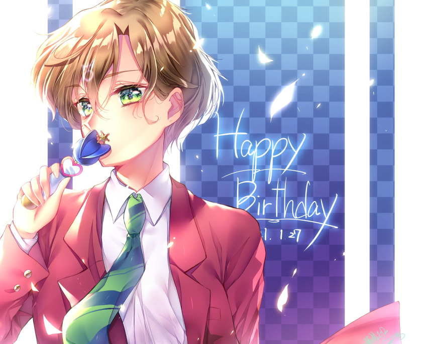 1girl bangs bishoujo_senshi_sailor_moon blazer blonde_hair blush collared_shirt commentary_request dress_shirt english_text eyebrows_visible_through_hair eyelashes green_eyes green_neckwear hair_between_eyes happy_birthday highres jacket mugen_gakuen_school_uniform necktie open_collar pants school_uniform shirt short_hair sidelocks solo standing ten'ou_haruka touki_matsuri white_shirt