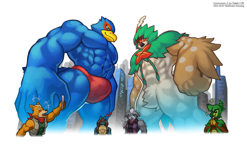 &lt;3 2021 anthro avian bird blue_body bulge canid canine canis city clothing decidueye eyes_closed falco_lombardi fox fox_mccloud hi_res lime_ade looking_down looming low-angle_view lucario macro male mammal micro muscular muscular_anthro muscular_male nevrean nintendo open_mouth pok&eacute;mon pok&eacute;mon_(species) speedo star_fox swimwear taking_photo togepi1125 video_games wolf wolf_o'donnell wolfmalro