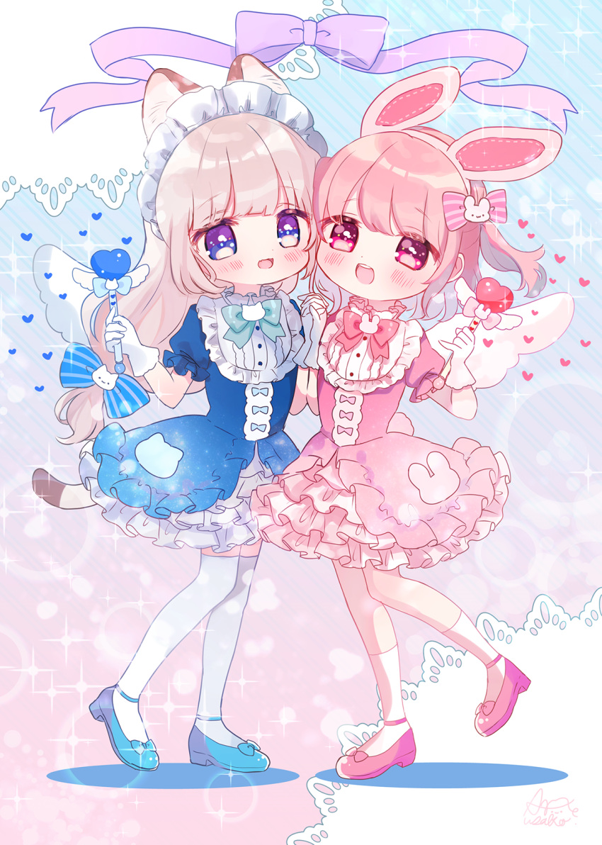 2girls :d ame_usako animal_ear_fluff animal_ears bangs banned_artist blue_bow blue_dress blue_eyes blue_footwear blush bow bunny_ears bunny_hair_ornament cat_ears cat_hair_ornament commentary_request dress eyebrows_visible_through_hair fake_animal_ears frilled_dress frills gloves hair_bow hair_ornament hairband heart highres holding holding_hands interlocked_fingers light_brown_hair long_hair magical_girl multiple_girls open_mouth original pink_dress pink_footwear pink_hairband puffy_short_sleeves puffy_sleeves purple_bow red_eyes shoes short_sleeves signature smile socks striped striped_bow thighhighs two_side_up very_long_hair white_gloves white_legwear white_wings wings