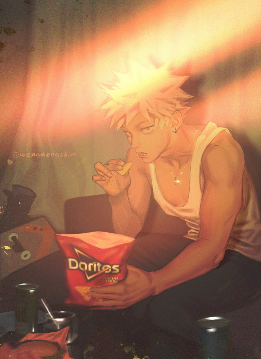 1boy absurdres alternate_costume artist_name bakugou_katsuki bangs blonde_hair boku_no_hero_academia can collarbone doritos earrings food highres holding holding_food indoors jewelry light male_focus nachos necklace open_mouth pants seat short_hair sitting solo spiked_hair table tank_top toned toned_male tongue wengwengchim white_hair
