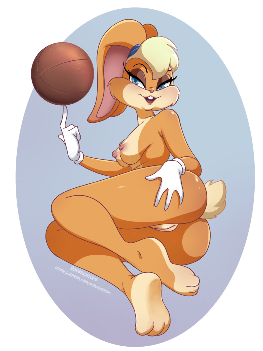 3:4 anthro ball basketball blonde_hair blue_eyes breasts butt clothing female genitals gloves hair hand_on_butt handwear hi_res lagomorph leporid lola_bunny looney_tunes mammal nipples nude pussy rabbit ravenemore solo warner_brothers