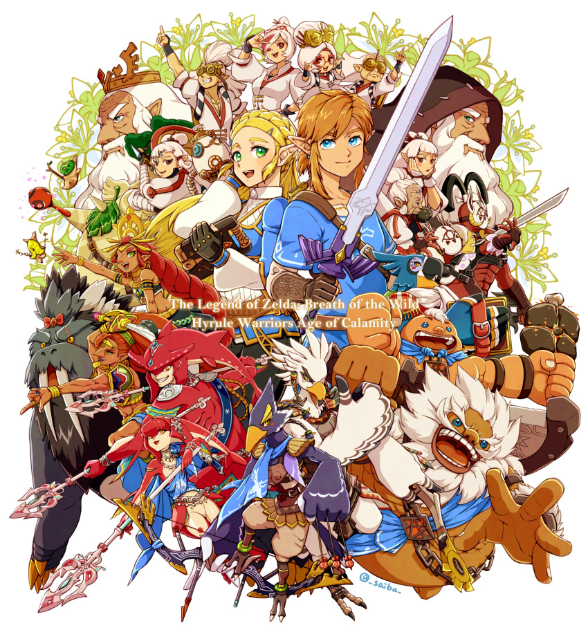 6+boys 6+girls absurdres anniversary beard blonde_hair crown daruk dual_persona everyone facial_hair gerudo goron hestu highres hyrule_warriors:_age_of_calamity impa instrument jewelry kass kohga korok link maracas master_sword mipha multiple_boys multiple_girls neck_ring paya_(zelda) pointy_ears polearm princess_zelda purah red_hair revali riju rito robbie_(zelda) saiba_(henrietta) sash seal sheikah sidon smile sooga teba_(zelda) terrako the_legend_of_zelda the_legend_of_zelda:_breath_of_the_wild trident tusks urbosa weapon white_hair yiga_clan yunobo zora